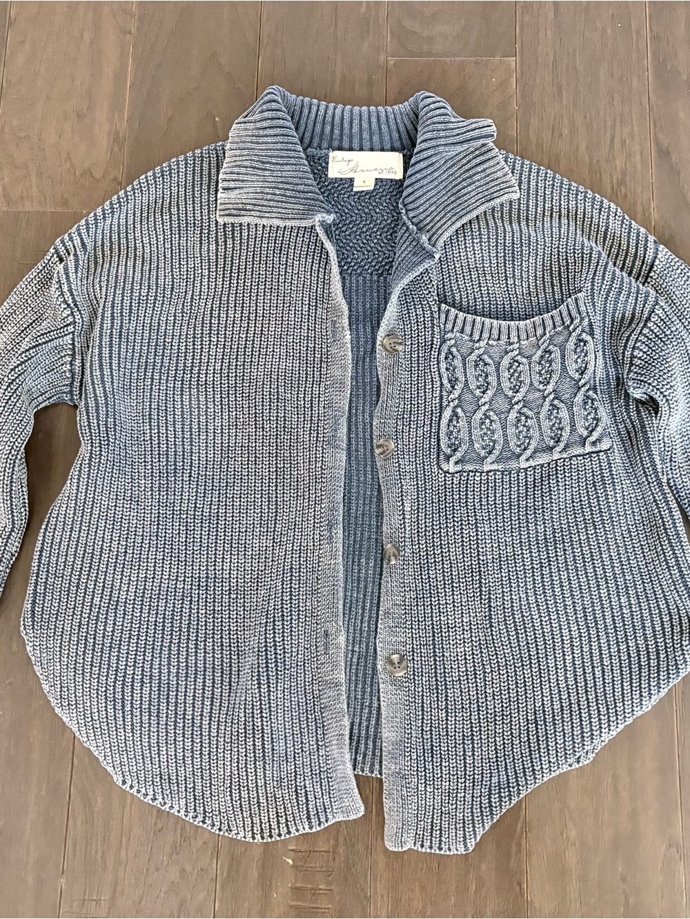 Navy Blue Knit Button-Up Sweater with Pocket